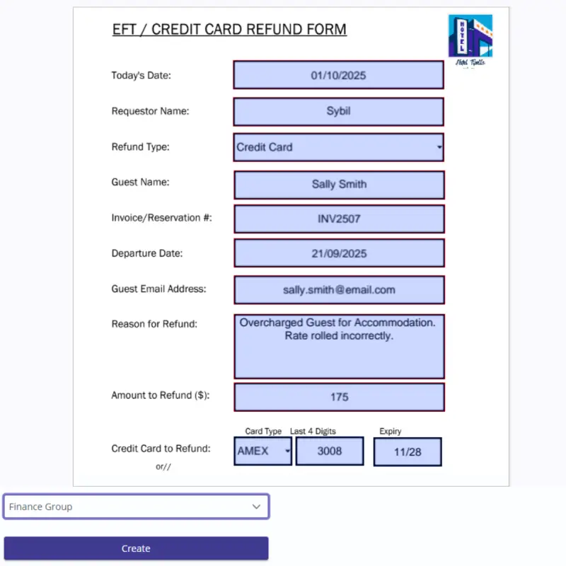 Credit card refund form screenshot